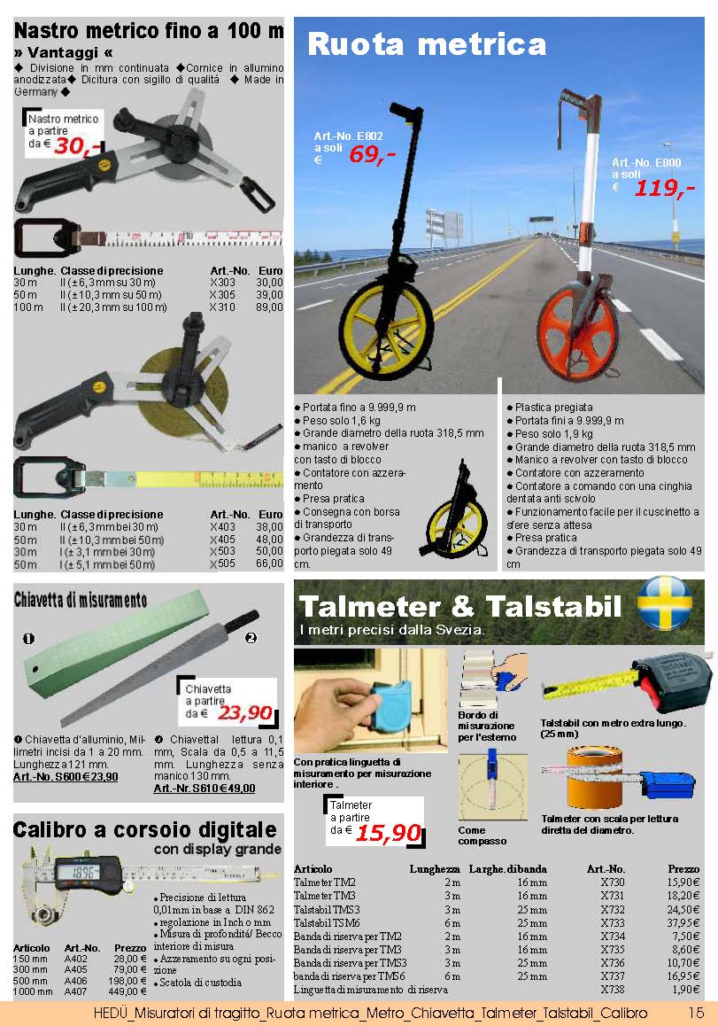 Nastro metrico fino a 100 m; Ruota metrica; Talmeter & Talstabil; Chiavetta di misuramento; Calibro a corsoio digitale