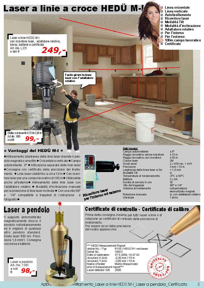 Laser a linie a croce HED� M-I; Laser a pendolo; Certificato di controllo - Certificato di calibro